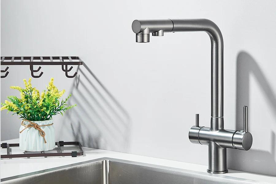Robinet d'évier de cuisine filtré, douchette extractible, rotation à 360°, filtre à eau, double pulvérisateur, robinet d'eau potable, mitigeur d'évier