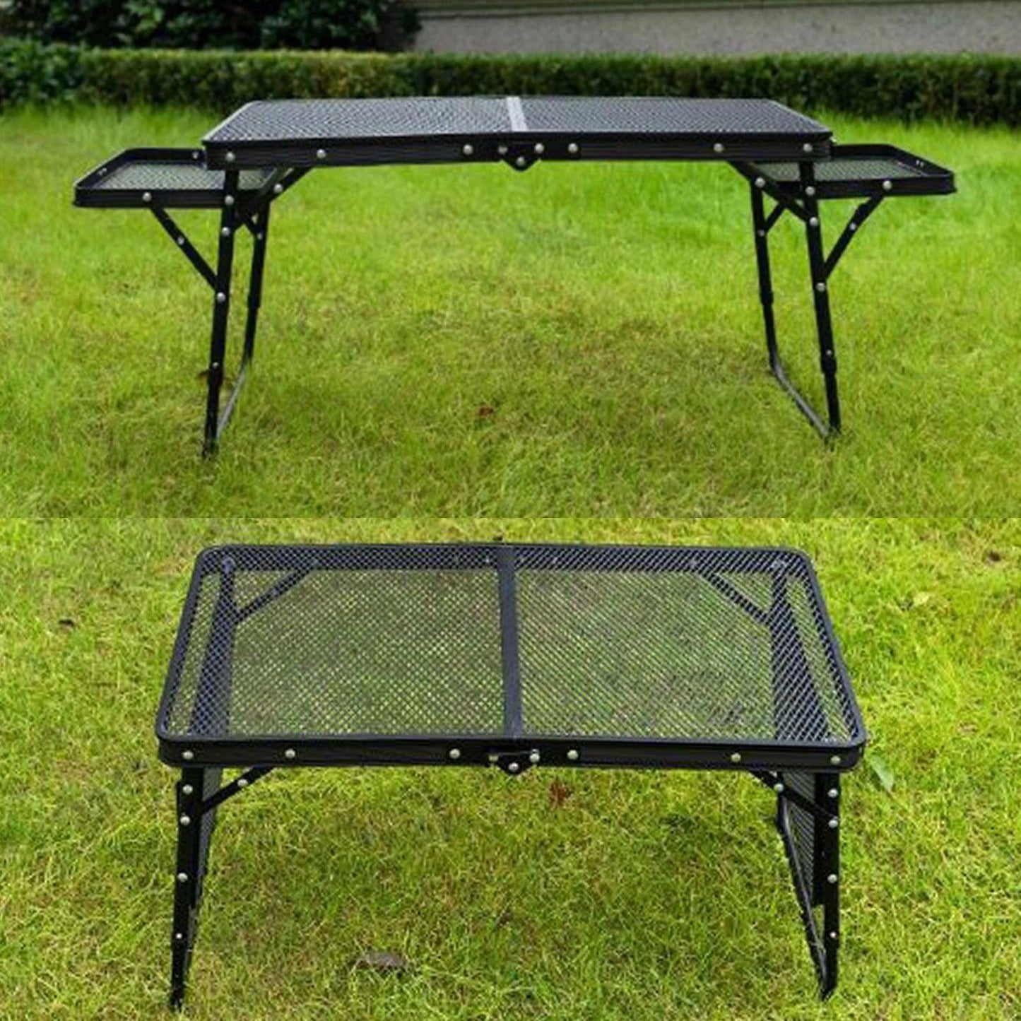 Table de camping pliante en maille de fer, table de camping portable en plein air avec étagère relevable, table à manger en alliage d'aluminium