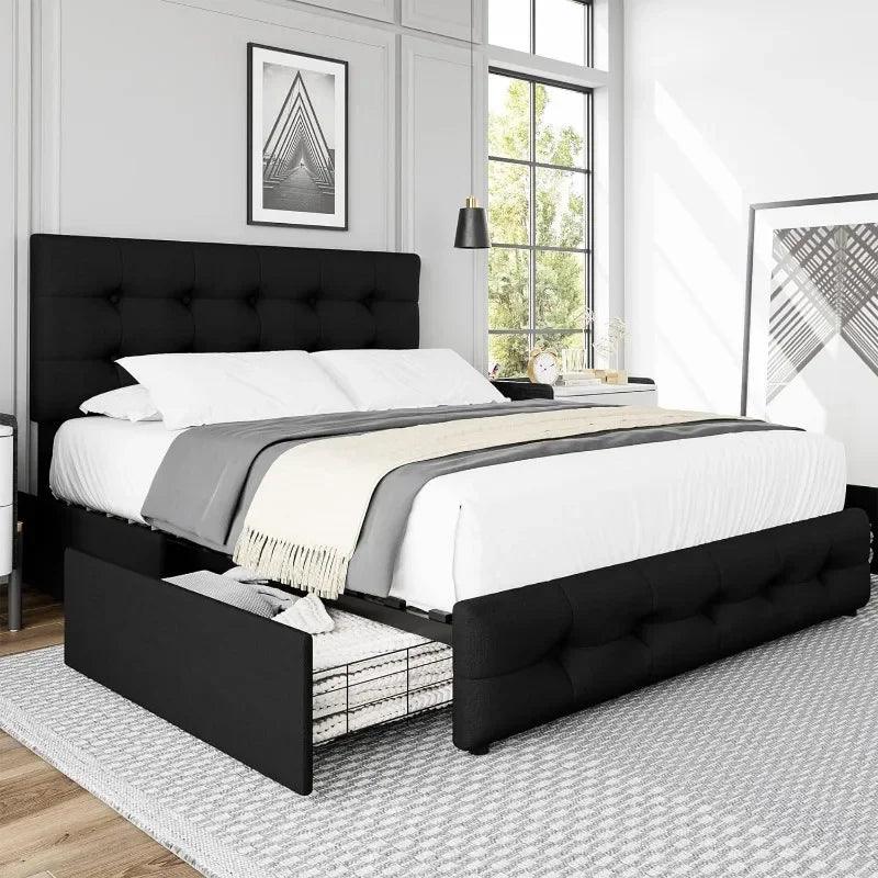 Queen Bed Frame with 4 Storage Drawers and Adjustable Headboard Upholstered Platform Bed with Button Tufted Design