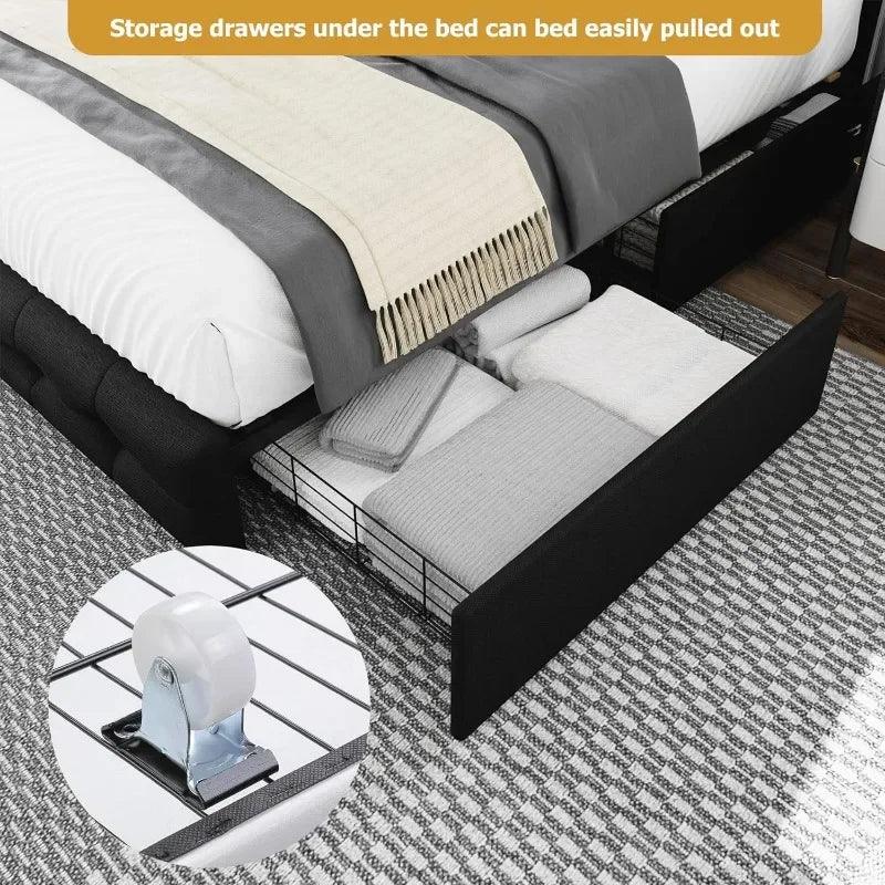 Queen Bed Frame with 4 Storage Drawers and Adjustable Headboard Upholstered Platform Bed with Button Tufted Design