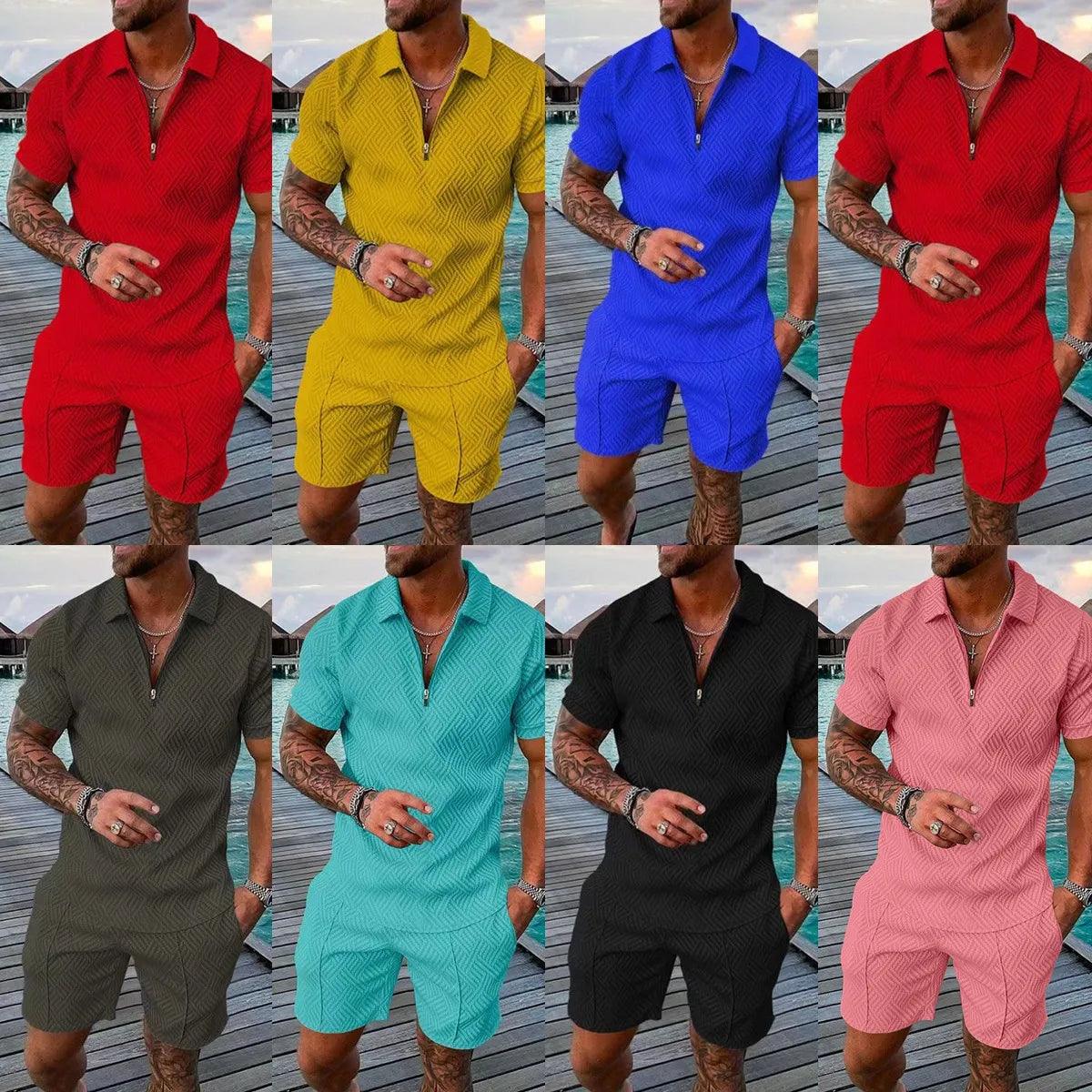 New 2025 Men's Polo Suit Fashion Men Sets Solid Summer V-neck Zipper Short Sleeve POLO Shirt+Shorts Two Pieces Men Casual Suit