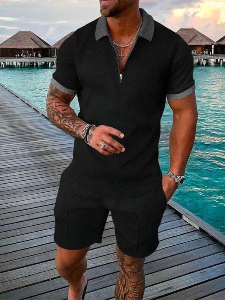 New 2025 Men's Polo Suit Fashion Men Sets Solid Summer V-neck Zipper Short Sleeve POLO Shirt+Shorts Two Pieces Men Casual Suit