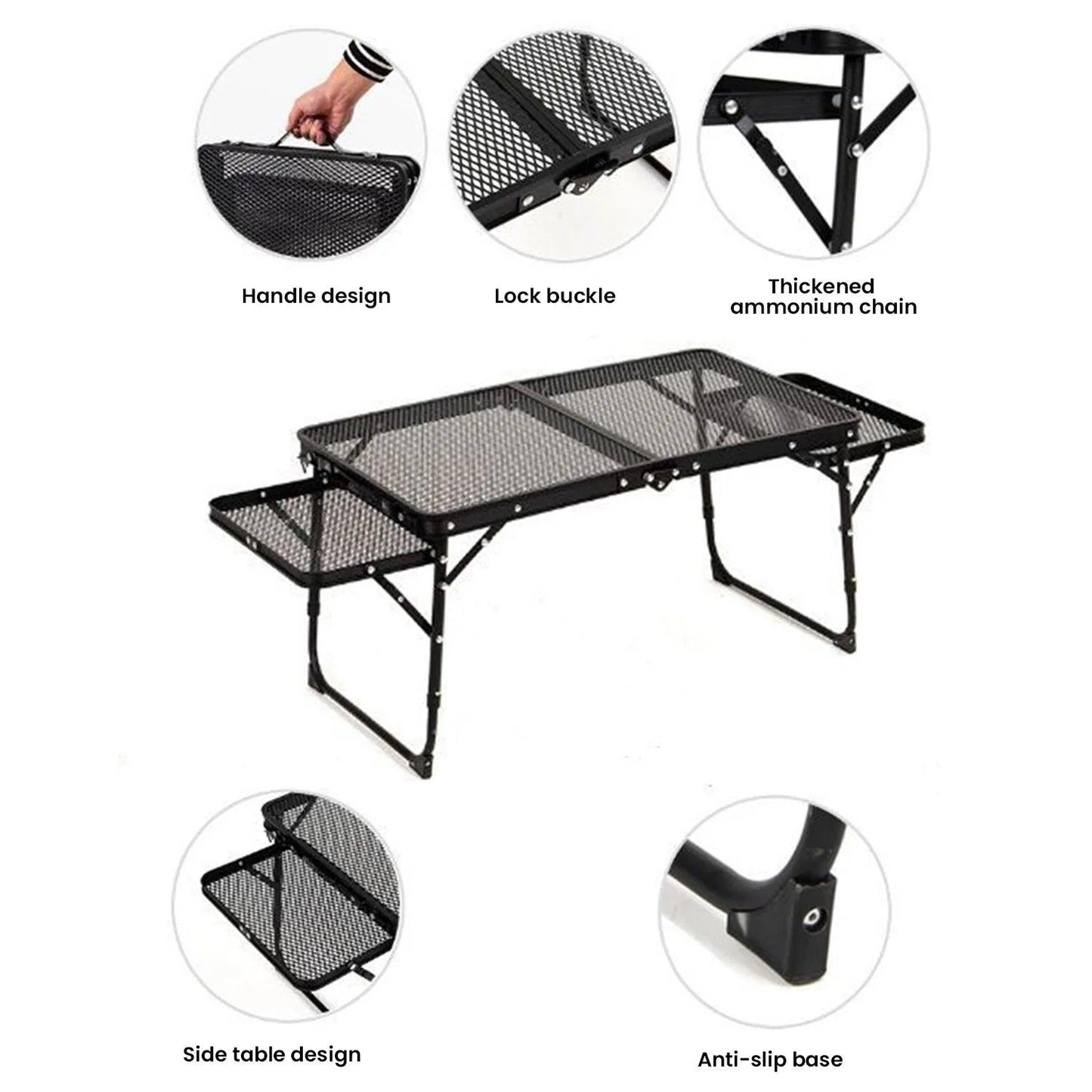 Table de camping pliante en maille de fer, table de camping portable en plein air avec étagère relevable, table à manger en alliage d'aluminium