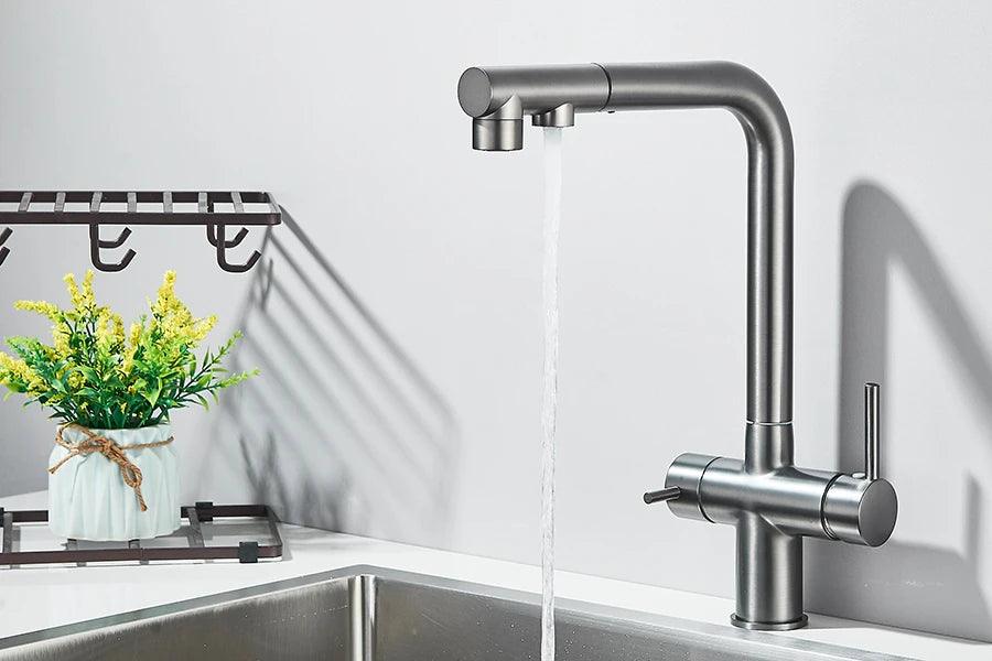 Robinet d'évier de cuisine filtré, douchette extractible, rotation à 360°, filtre à eau, double pulvérisateur, robinet d'eau potable, mitigeur d'évier