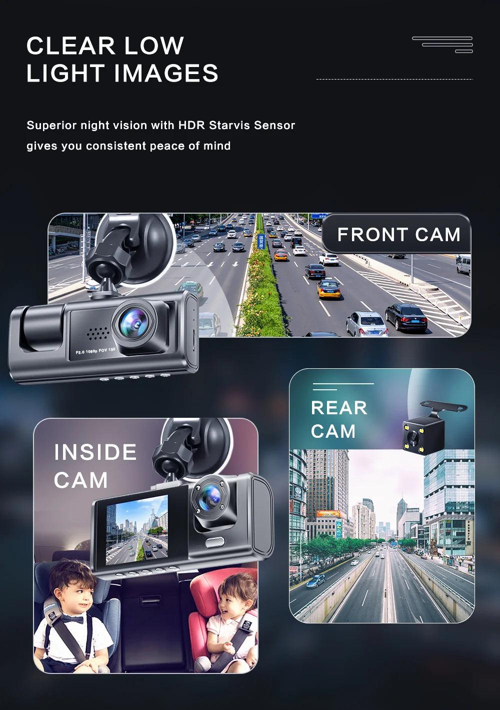 Caméra embarquée avec vision nocturne infrarouge, enregistrement en boucle et écran IPS 2 pouces 1080p, 3 caméras, enregistreur DVR, enregistreur vidéo, DVR de véhicule