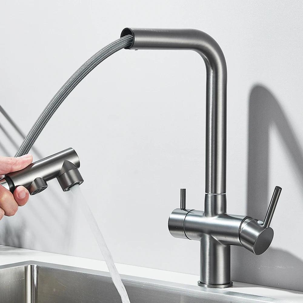 Robinet d'évier de cuisine filtré, douchette extractible, rotation à 360°, filtre à eau, double pulvérisateur, robinet d'eau potable, mitigeur d'évier