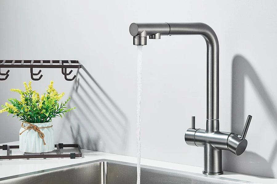 Robinet d'évier de cuisine filtré, douchette extractible, rotation à 360°, filtre à eau, double pulvérisateur, robinet d'eau potable, mitigeur d'évier