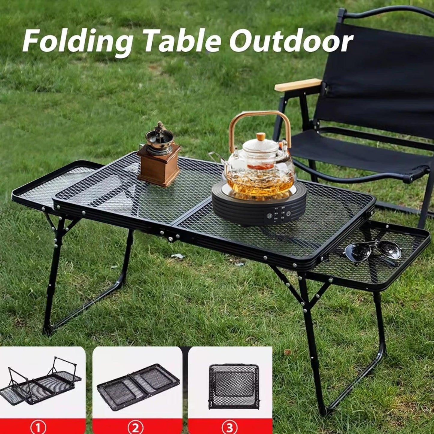Table de camping pliante en maille de fer, table de camping portable en plein air avec étagère relevable, table à manger en alliage d'aluminium