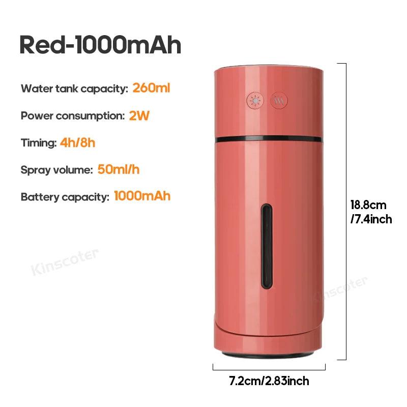 Humidificateur d'air sans fil 260 ml, diffuseur d'aromathérapie USB, batterie rechargeable 1000 mAh, brumisateur ultrasonique silencieux
