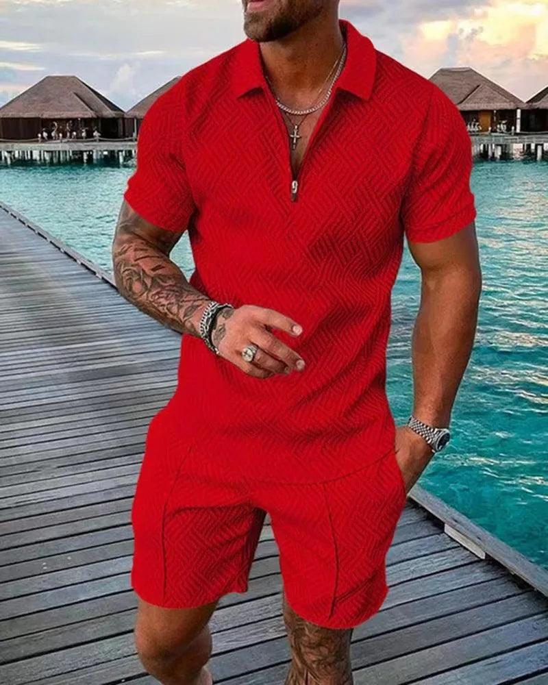 New 2025 Men's Polo Suit Fashion Men Sets Solid Summer V-neck Zipper Short Sleeve POLO Shirt+Shorts Two Pieces Men Casual Suit