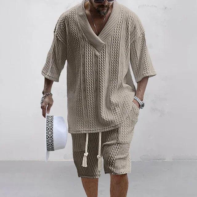 Summer Casual Shorts Set Knitted Two Piece Men's Clothing V-Neck Short Sleeve T-shirt and Shorts Streetwear Knit Outfits