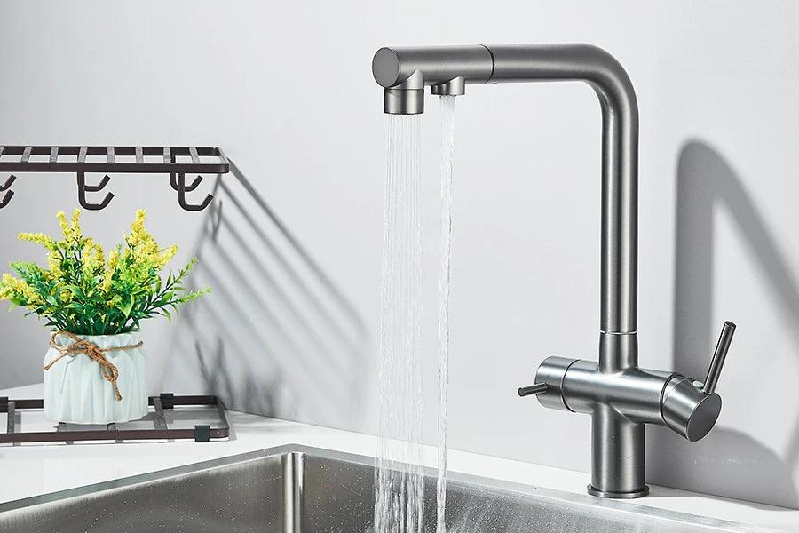 Robinet d'évier de cuisine filtré, douchette extractible, rotation à 360°, filtre à eau, double pulvérisateur, robinet d'eau potable, mitigeur d'évier