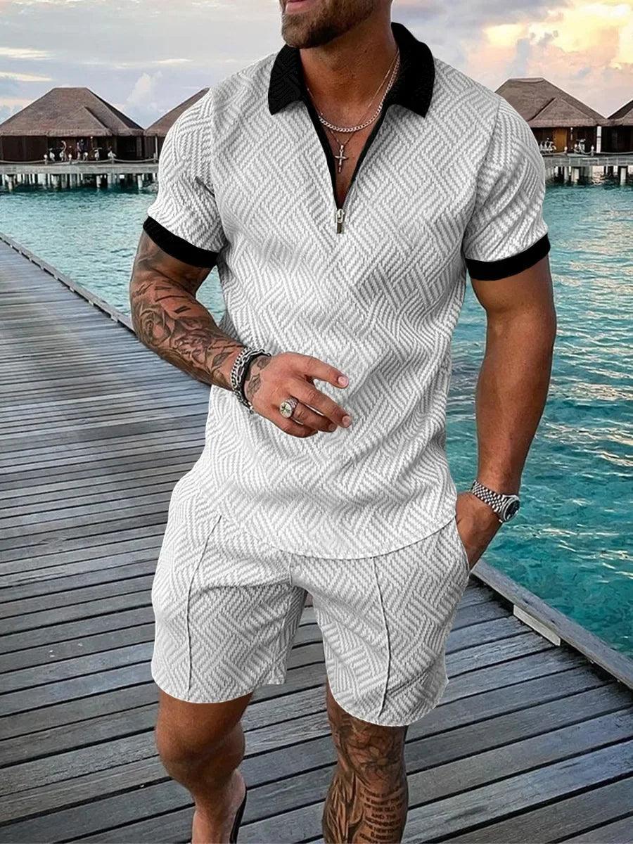 New 2025 Men's Polo Suit Fashion Men Sets Solid Summer V-neck Zipper Short Sleeve POLO Shirt+Shorts Two Pieces Men Casual Suit