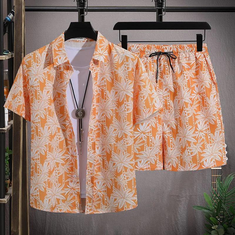 Men's Hawaiian Beach Set Single Breasted Short Sleeve Shirt and Shorts Casual Summer Vacation Travel Outfit