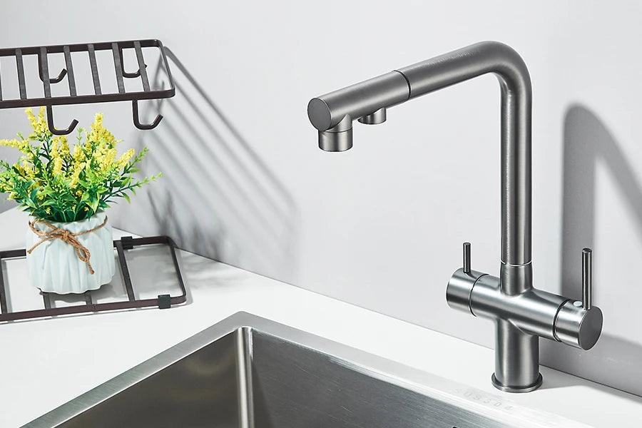 Robinet d'évier de cuisine filtré, douchette extractible, rotation à 360°, filtre à eau, double pulvérisateur, robinet d'eau potable, mitigeur d'évier