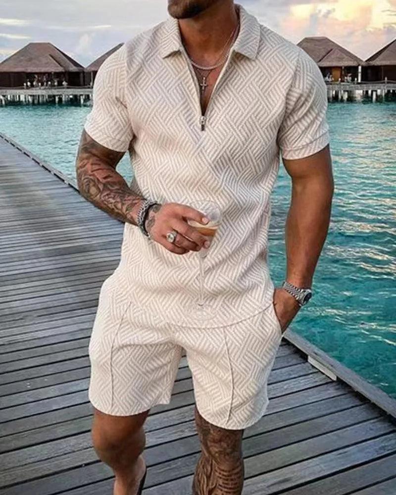 New 2025 Men's Polo Suit Fashion Men Sets Solid Summer V-neck Zipper Short Sleeve POLO Shirt+Shorts Two Pieces Men Casual Suit