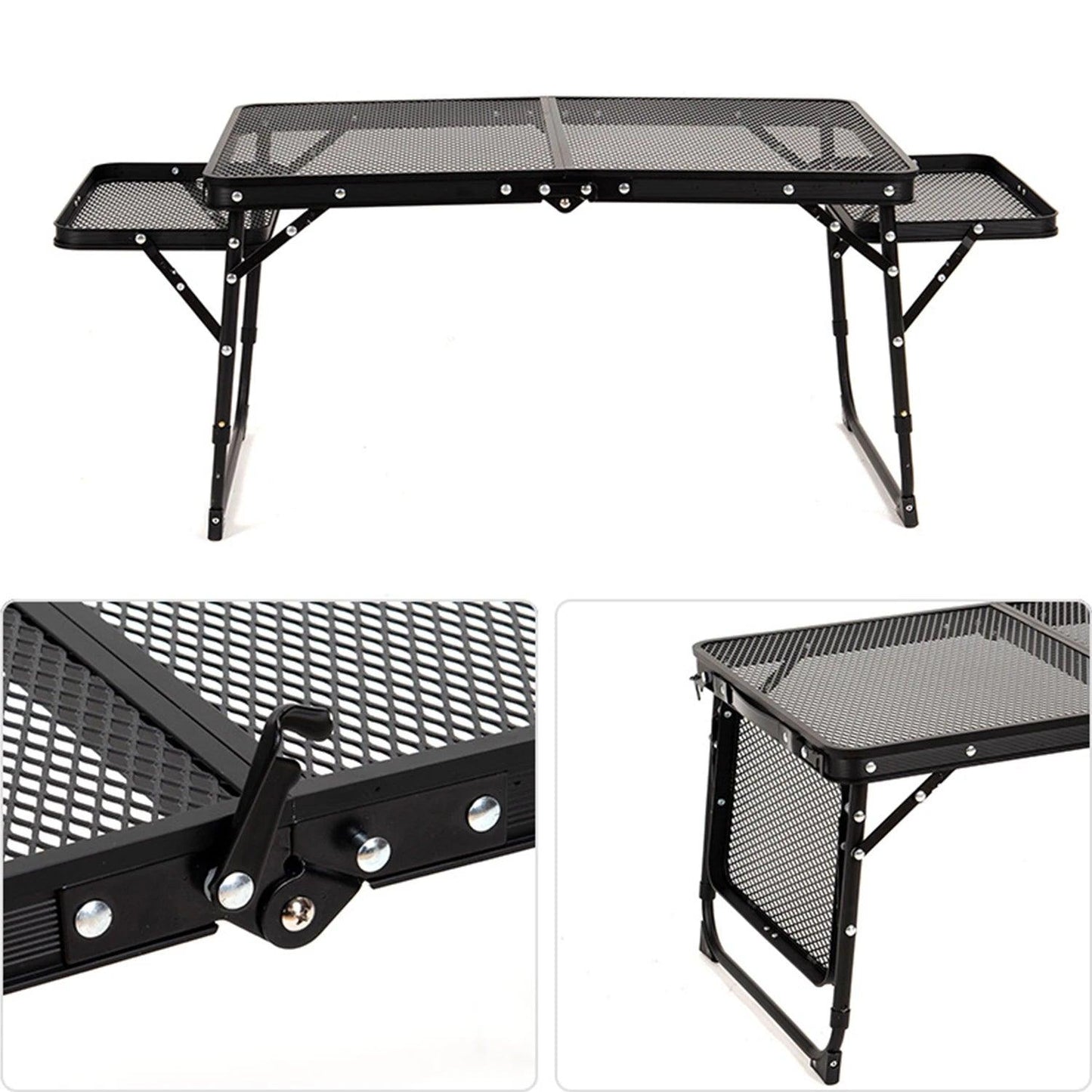 Table de camping pliante en maille de fer, table de camping portable en plein air avec étagère relevable, table à manger en alliage d'aluminium