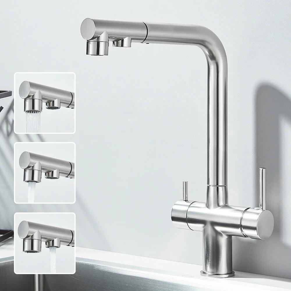 Robinet d'évier de cuisine filtré, douchette extractible, rotation à 360°, filtre à eau, double pulvérisateur, robinet d'eau potable, mitigeur d'évier