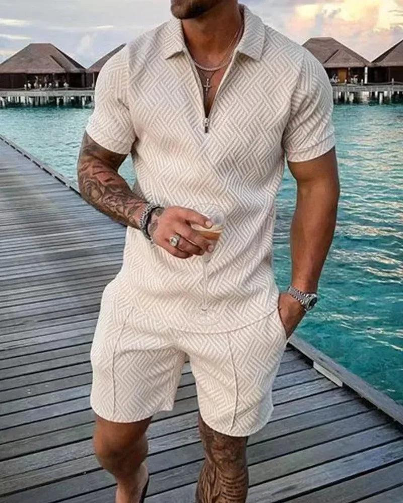 New 2025 Men's Polo Suit Fashion Men Sets Solid Summer V-neck Zipper Short Sleeve POLO Shirt+Shorts Two Pieces Men Casual Suit