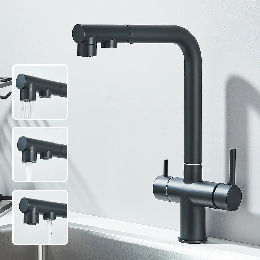 Robinet d'évier de cuisine filtré, douchette extractible, rotation à 360°, filtre à eau, double pulvérisateur, robinet d'eau potable, mitigeur d'évier