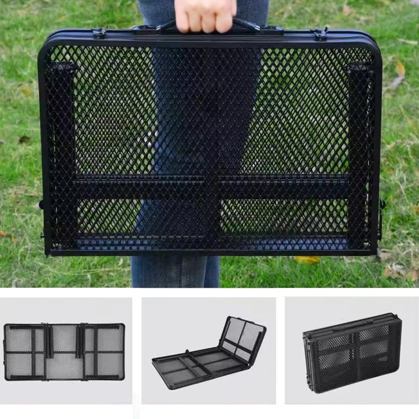 Table de camping pliante en maille de fer, table de camping portable en plein air avec étagère relevable, table à manger en alliage d'aluminium