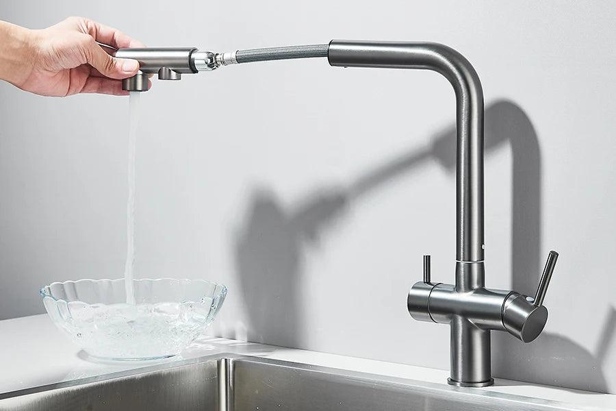 Robinet d'évier de cuisine filtré, douchette extractible, rotation à 360°, filtre à eau, double pulvérisateur, robinet d'eau potable, mitigeur d'évier