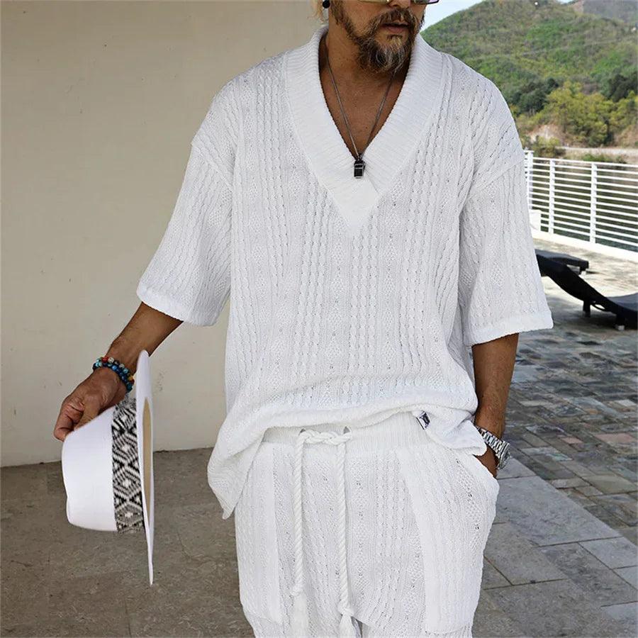 Summer Casual Shorts Set Knitted Two Piece Men's Clothing V-Neck Short Sleeve T-shirt and Shorts Streetwear Knit Outfits