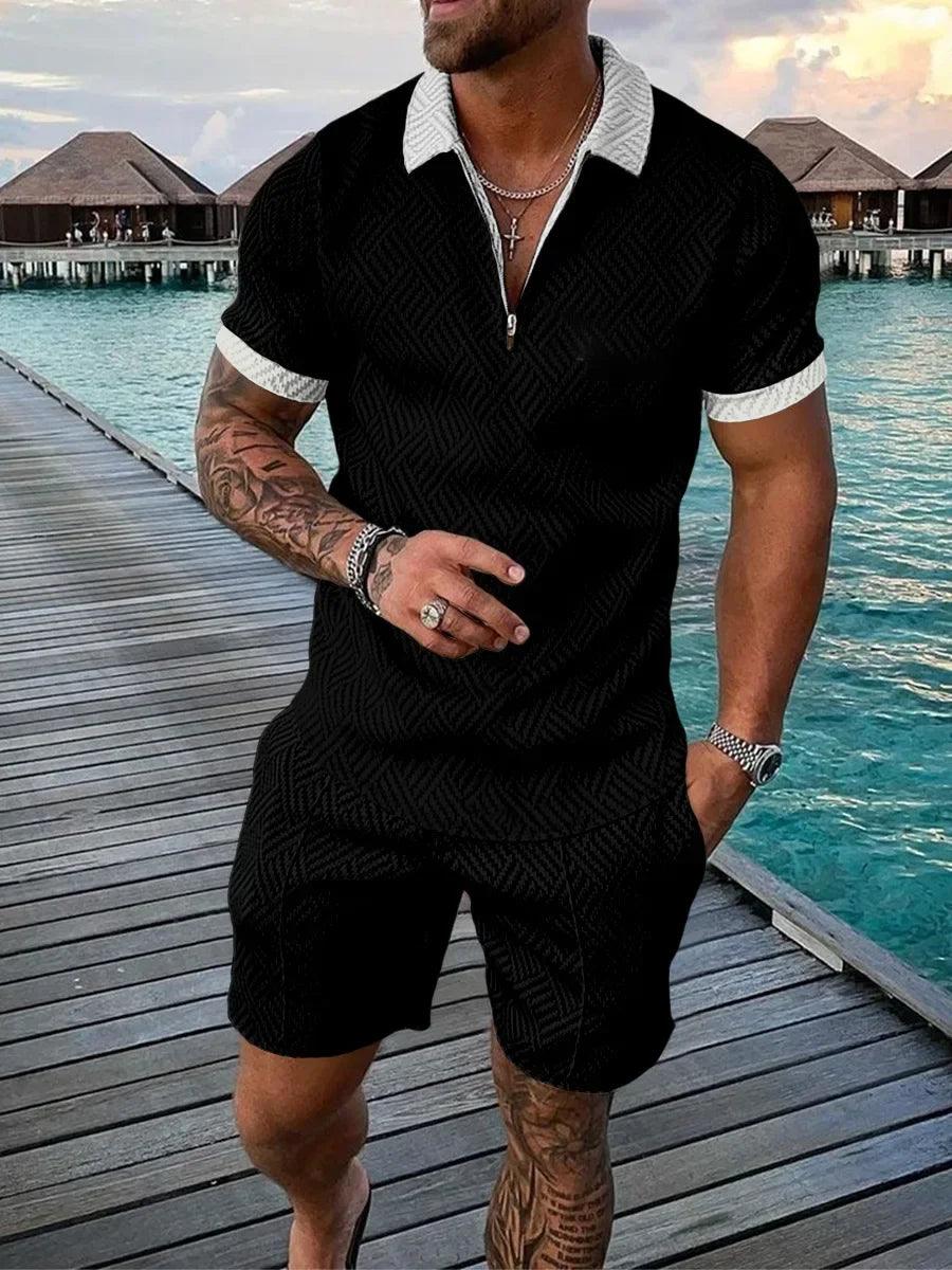 New 2025 Men's Polo Suit Fashion Men Sets Solid Summer V-neck Zipper Short Sleeve POLO Shirt+Shorts Two Pieces Men Casual Suit