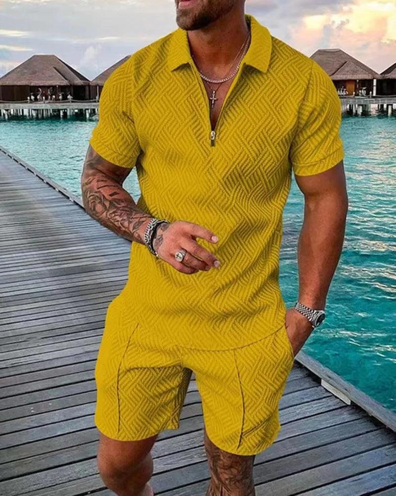 New 2025 Men's Polo Suit Fashion Men Sets Solid Summer V-neck Zipper Short Sleeve POLO Shirt+Shorts Two Pieces Men Casual Suit