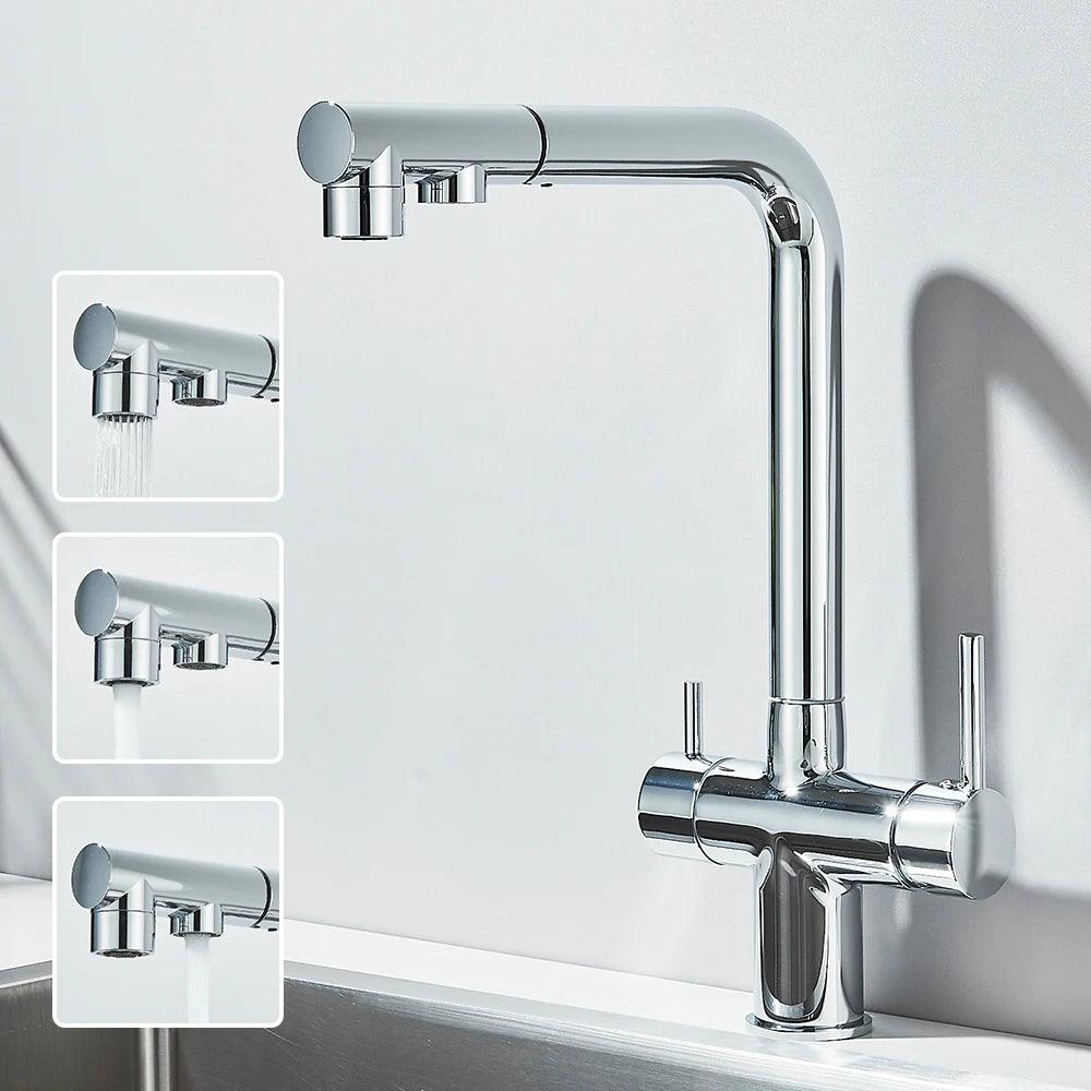 Robinet d'évier de cuisine filtré, douchette extractible, rotation à 360°, filtre à eau, double pulvérisateur, robinet d'eau potable, mitigeur d'évier