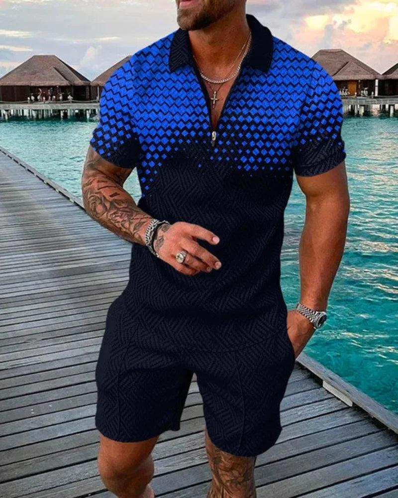 New 2025 Men's Polo Suit Fashion Men Sets Solid Summer V-neck Zipper Short Sleeve POLO Shirt+Shorts Two Pieces Men Casual Suit
