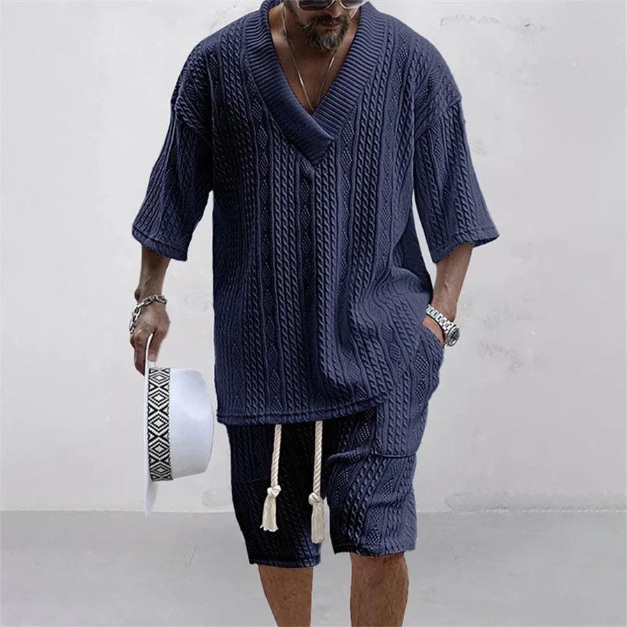 Summer Casual Shorts Set Knitted Two Piece Men's Clothing V-Neck Short Sleeve T-shirt and Shorts Streetwear Knit Outfits