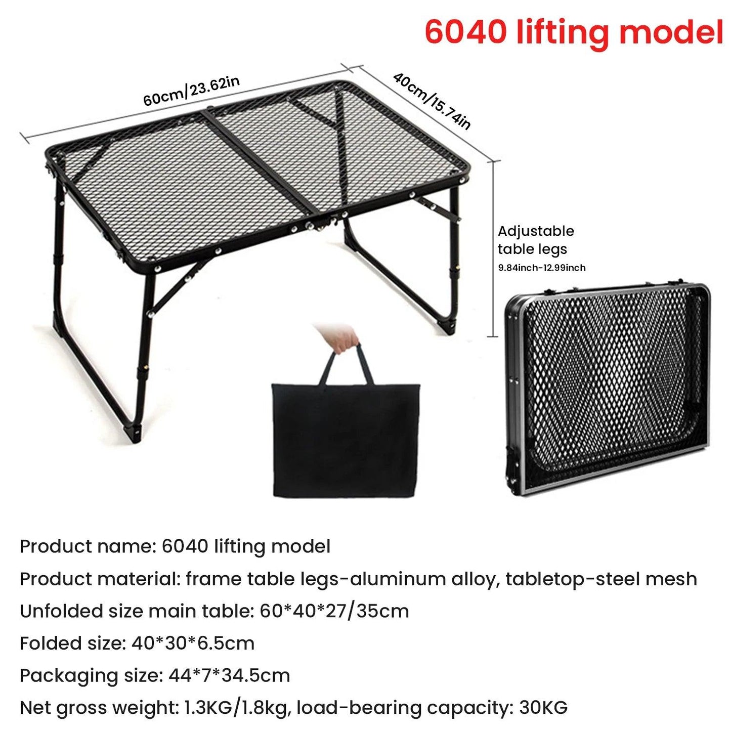 Table de camping pliante en maille de fer, table de camping portable en plein air avec étagère relevable, table à manger en alliage d'aluminium