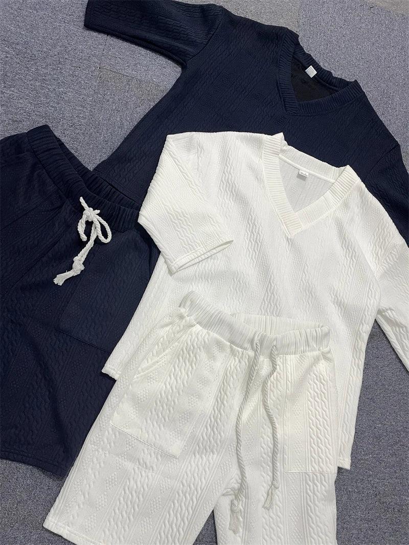 Summer Casual Shorts Set Knitted Two Piece Men's Clothing V-Neck Short Sleeve T-shirt and Shorts Streetwear Knit Outfits