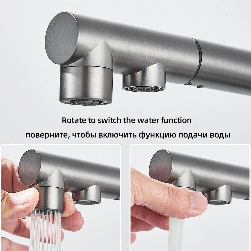 Robinet d'évier de cuisine filtré, douchette extractible, rotation à 360°, filtre à eau, double pulvérisateur, robinet d'eau potable, mitigeur d'évier