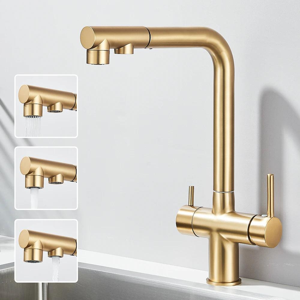 Robinet d'évier de cuisine filtré, douchette extractible, rotation à 360°, filtre à eau, double pulvérisateur, robinet d'eau potable, mitigeur d'évier