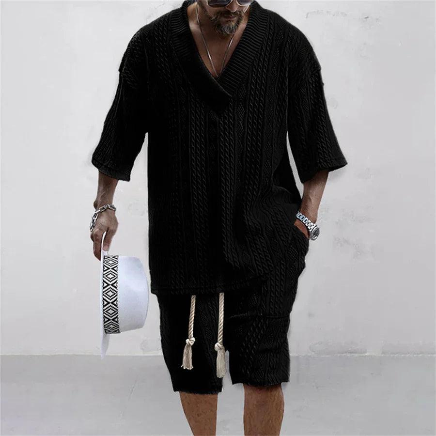 Summer Casual Shorts Set Knitted Two Piece Men's Clothing V-Neck Short Sleeve T-shirt and Shorts Streetwear Knit Outfits