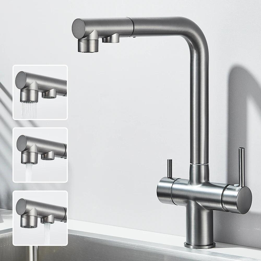 Robinet d'évier de cuisine filtré, douchette extractible, rotation à 360°, filtre à eau, double pulvérisateur, robinet d'eau potable, mitigeur d'évier