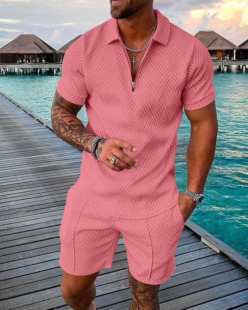 New 2025 Men's Polo Suit Fashion Men Sets Solid Summer V-neck Zipper Short Sleeve POLO Shirt+Shorts Two Pieces Men Casual Suit