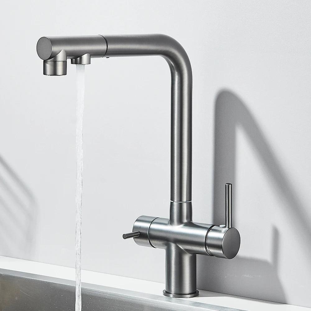 Robinet d'évier de cuisine filtré, douchette extractible, rotation à 360°, filtre à eau, double pulvérisateur, robinet d'eau potable, mitigeur d'évier