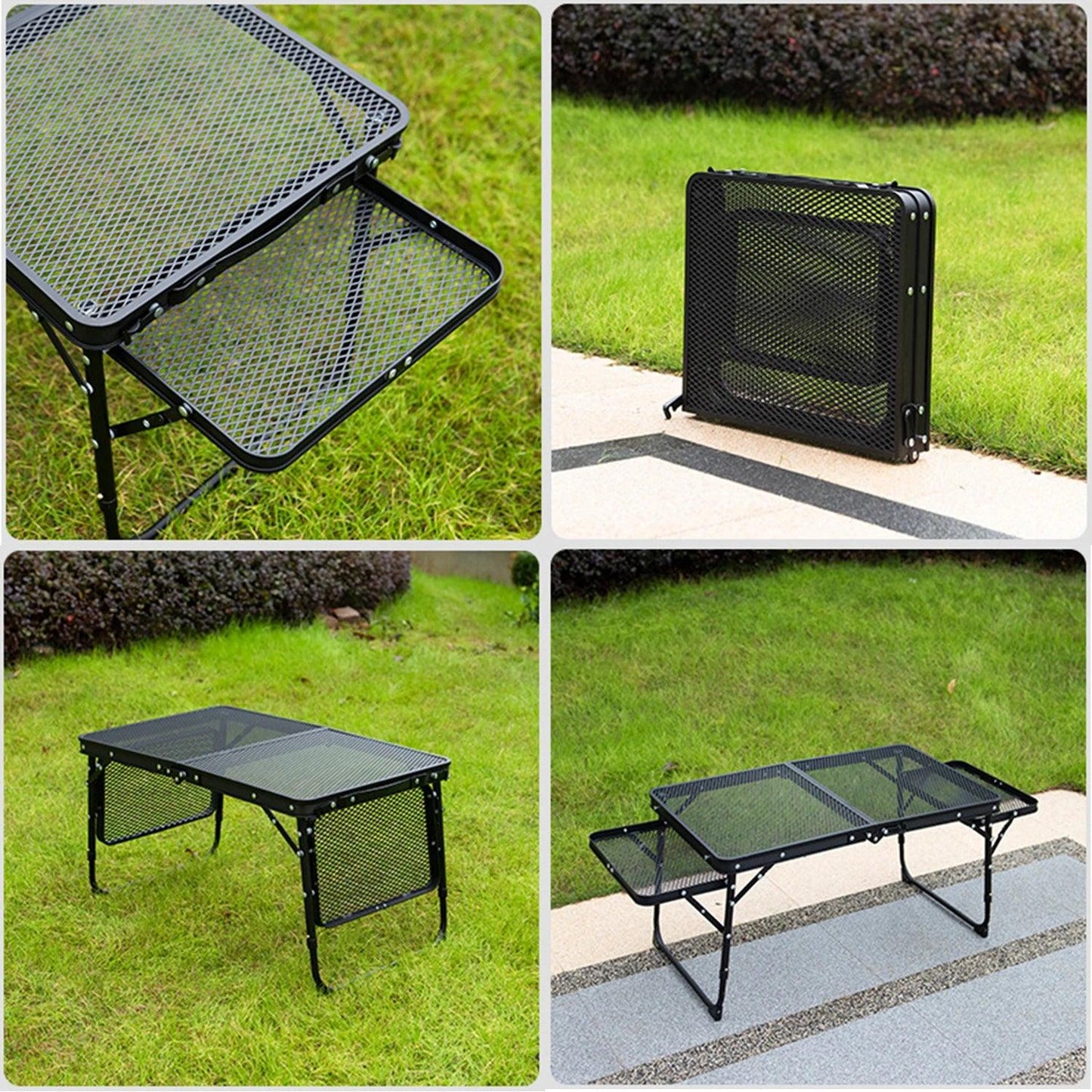 Table de camping pliante en maille de fer, table de camping portable en plein air avec étagère relevable, table à manger en alliage d'aluminium
