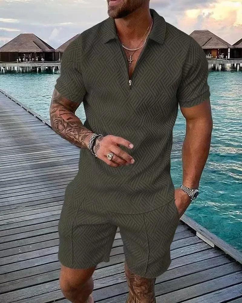 New 2025 Men's Polo Suit Fashion Men Sets Solid Summer V-neck Zipper Short Sleeve POLO Shirt+Shorts Two Pieces Men Casual Suit