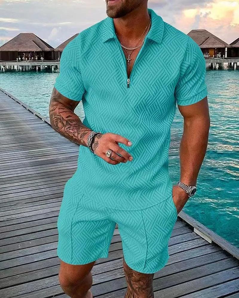 New 2025 Men's Polo Suit Fashion Men Sets Solid Summer V-neck Zipper Short Sleeve POLO Shirt+Shorts Two Pieces Men Casual Suit