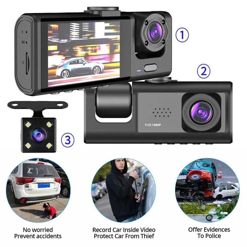 Caméra embarquée avec vision nocturne infrarouge, enregistrement en boucle et écran IPS 2 pouces 1080p, 3 caméras, enregistreur DVR, enregistreur vidéo, DVR de véhicule