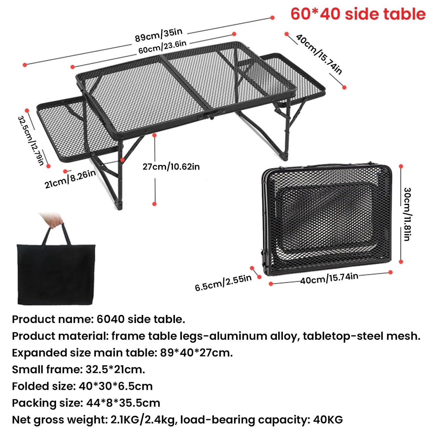 Table de camping pliante en maille de fer, table de camping portable en plein air avec étagère relevable, table à manger en alliage d'aluminium