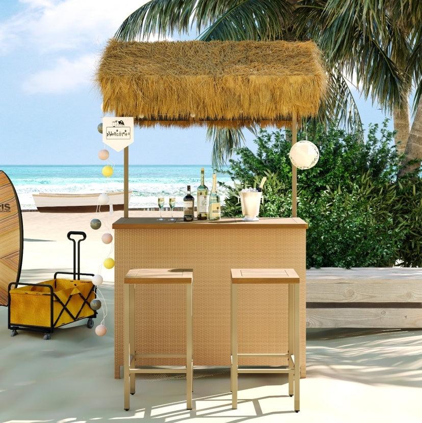 Ensemble de patio de style hawaïen avec auvent en gazon PE, table de bar d'extérieur et tabourets réglables