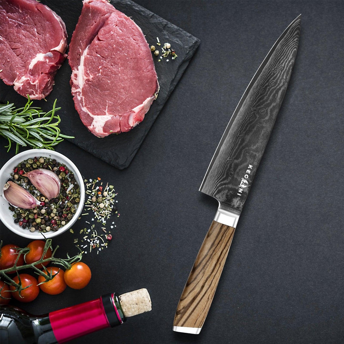 Couteau de chef Kegani - Couteau japonais 8 pouces, 67 couches d'acier Damas japonais VG-10, couteau de cuisine ultra tranchant, couteau de chef professionnel, couteau Gyuto - Manche ergonomique FullTang