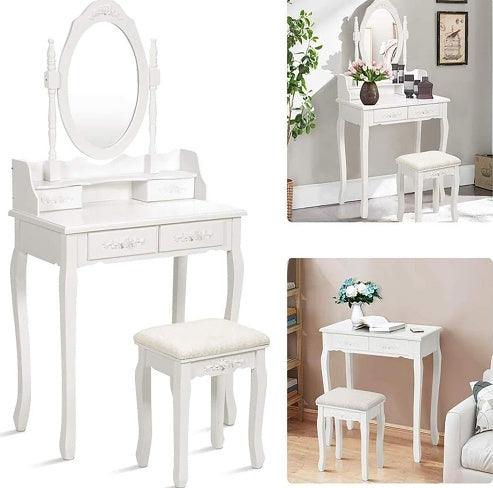 Ensemble coiffeuse 4 tiroirs, coiffeuse avec tabouret rembourré, ensemble de meubles de chambre pour filles et femmes avec miroir ovale
