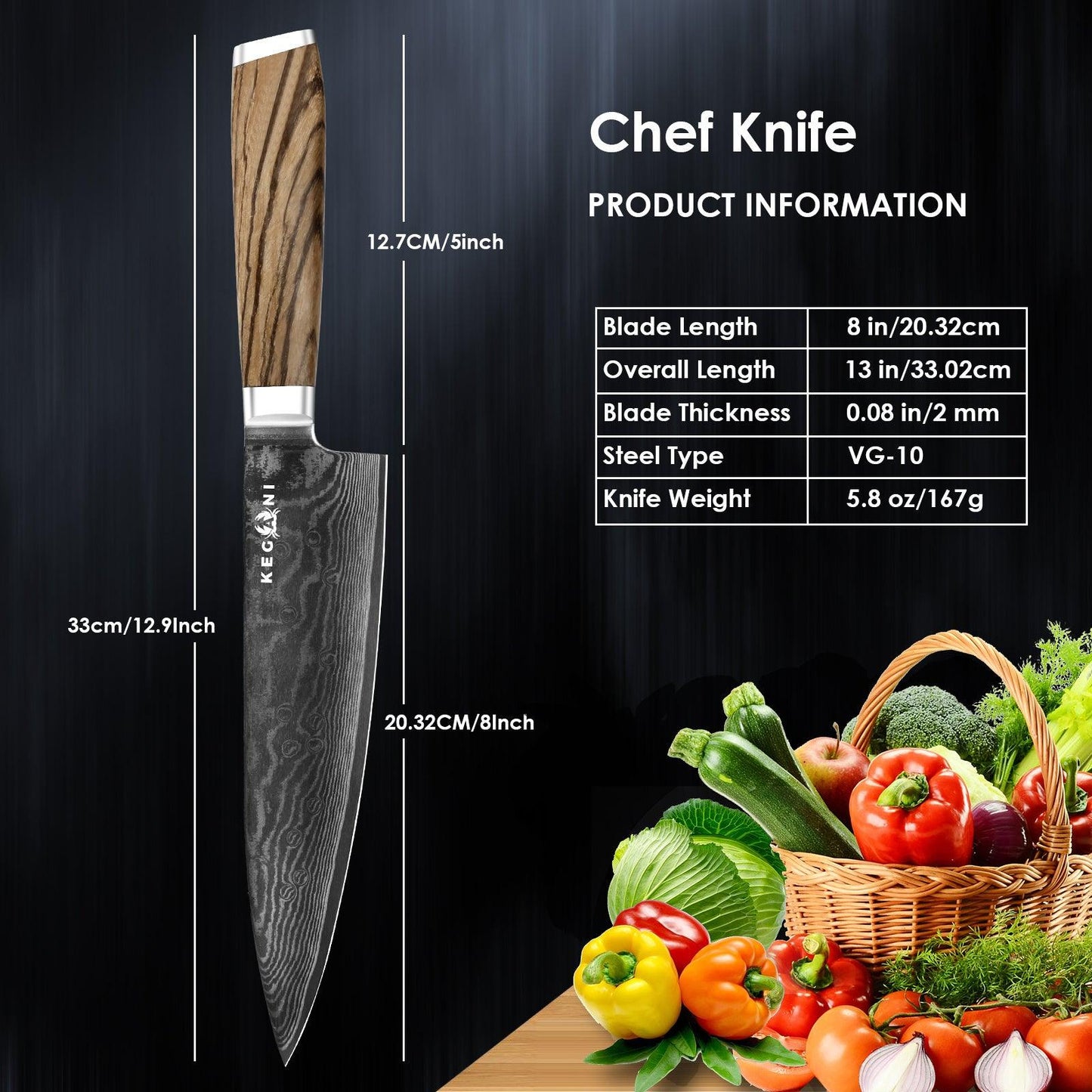 Couteau de chef Kegani - Couteau japonais 8 pouces, 67 couches d'acier Damas japonais VG-10, couteau de cuisine ultra tranchant, couteau de chef professionnel, couteau Gyuto - Manche ergonomique FullTang