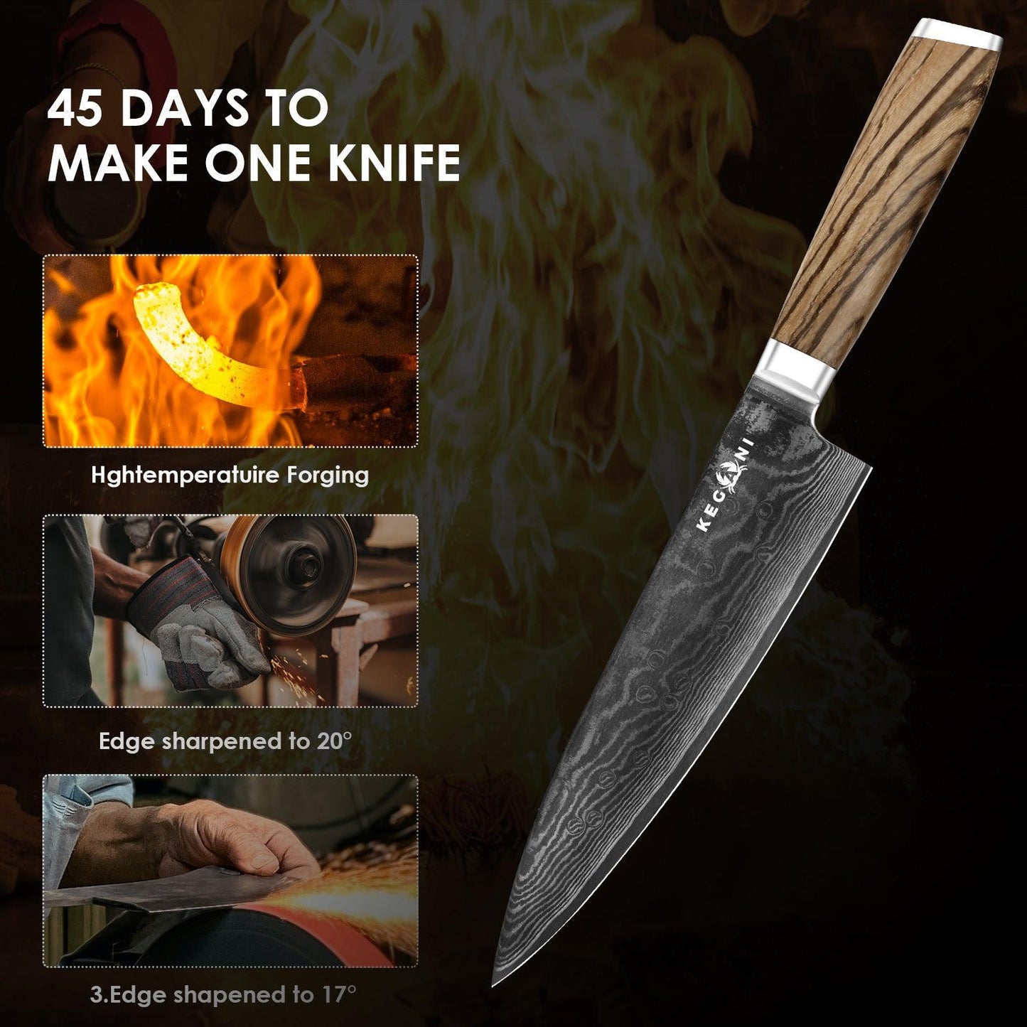Couteau de chef Kegani - Couteau japonais 8 pouces, 67 couches d'acier Damas japonais VG-10, couteau de cuisine ultra tranchant, couteau de chef professionnel, couteau Gyuto - Manche ergonomique FullTang